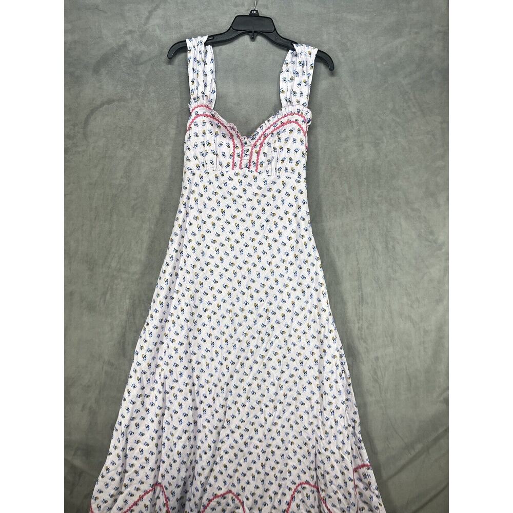Free People White Midi Dress with Blue Floral Print and Pink Trim - Picture 4 of 11